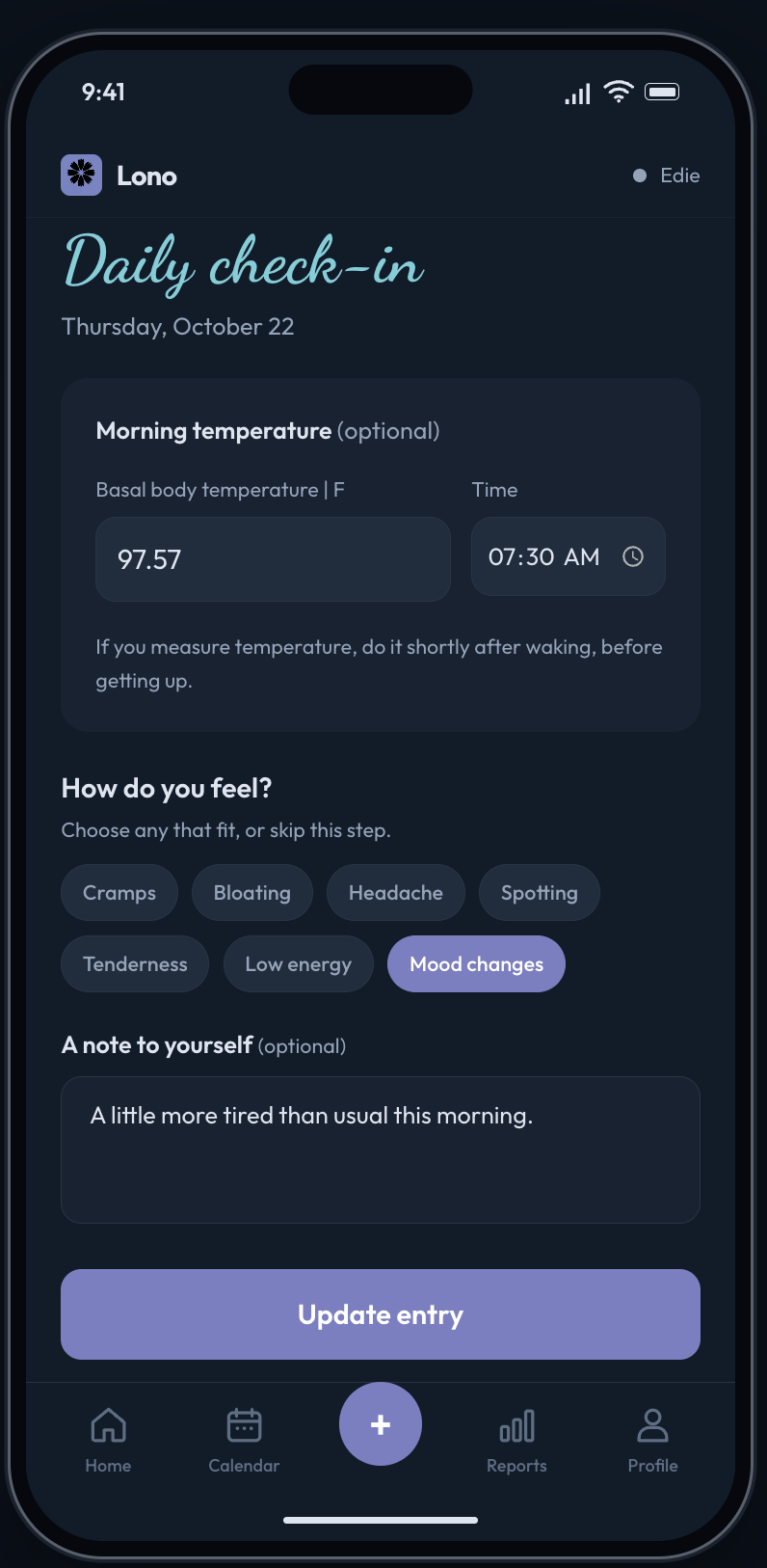 Lono daily check-in form for temperature, symptoms, and notes