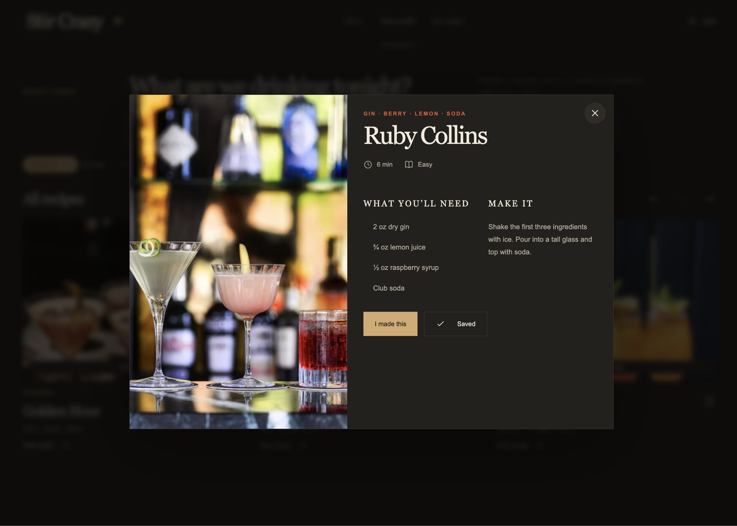 Stir Crazy recipe detail modal with ingredients and preparation instructions
