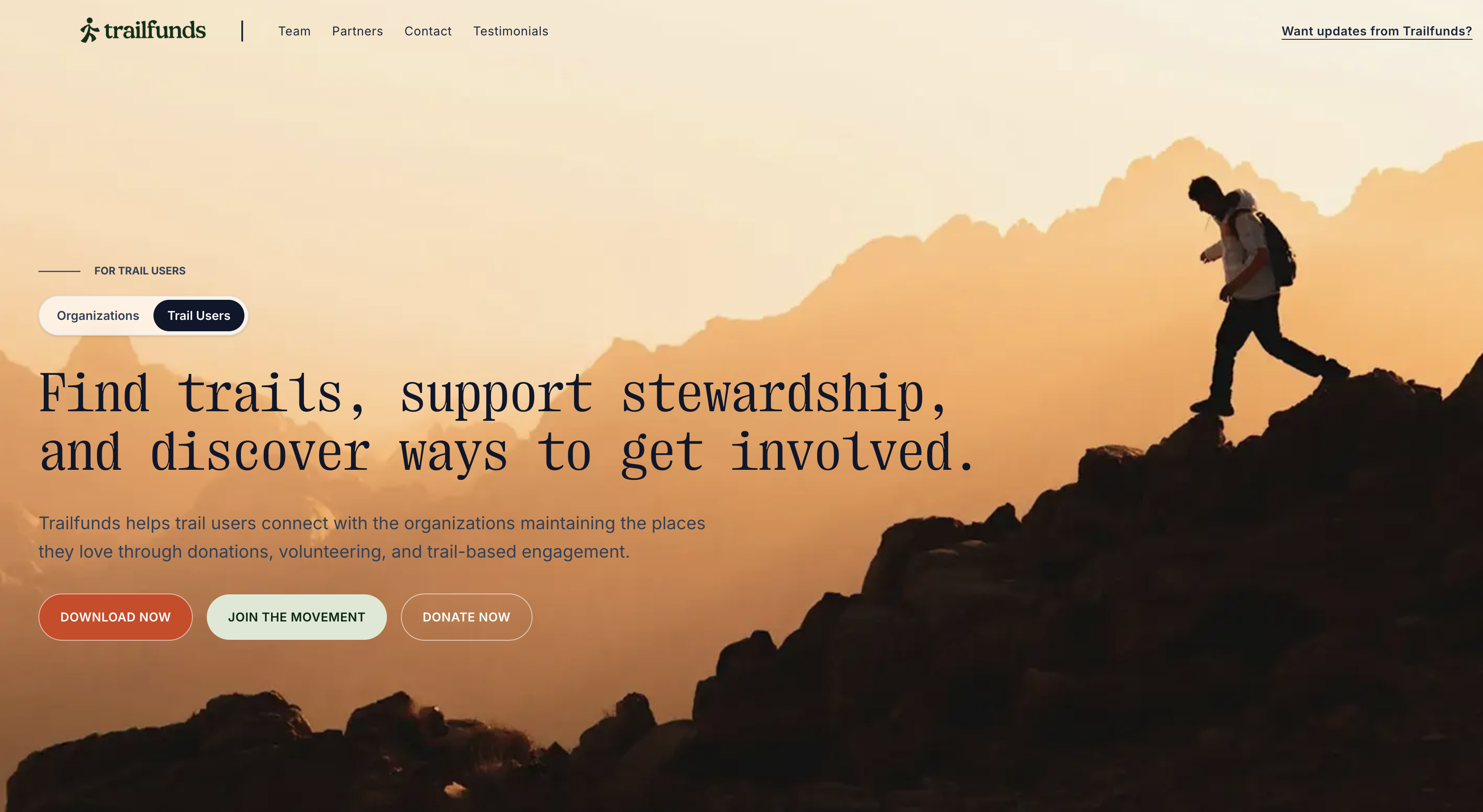 TrailFunds landing page for trail users