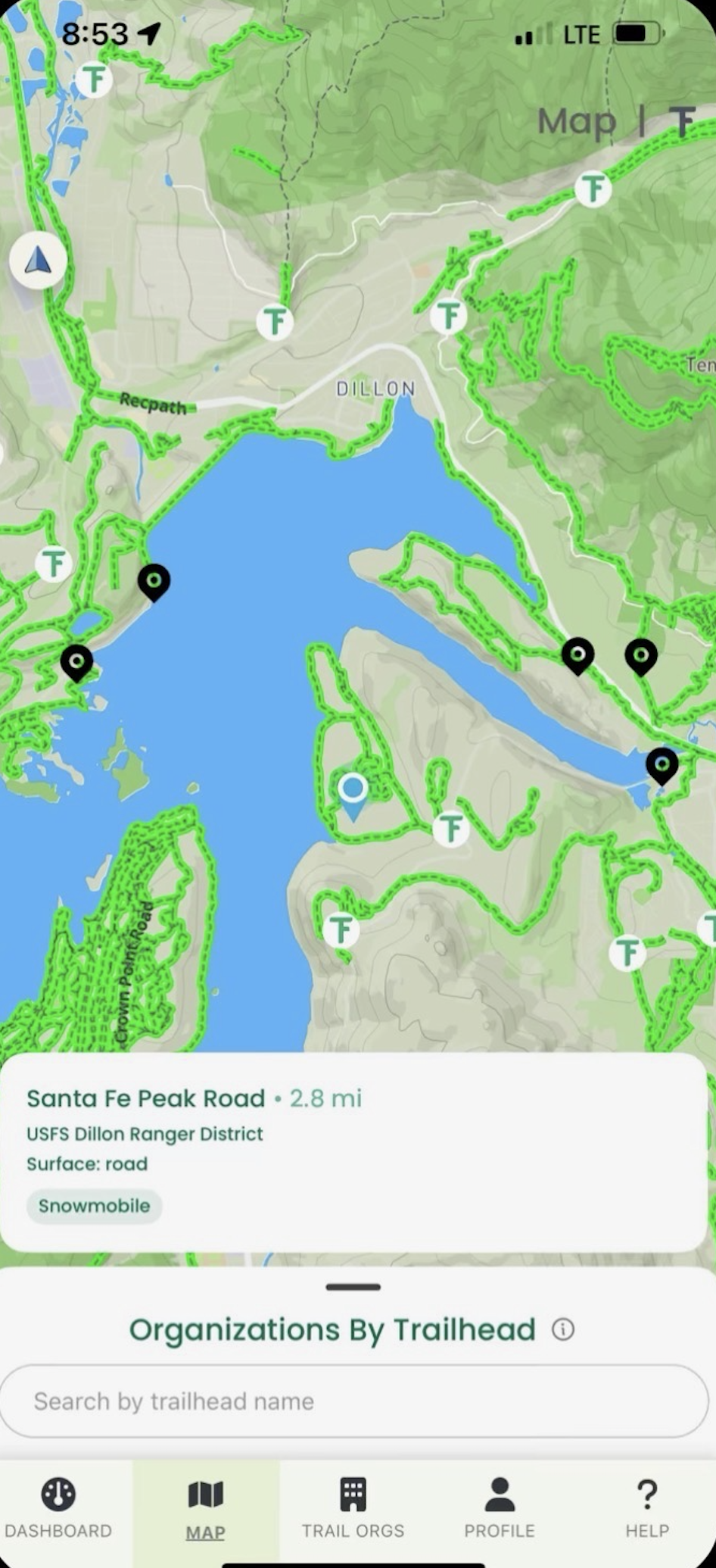 TrailFunds mobile map showing trails and nearby stewardship organizations