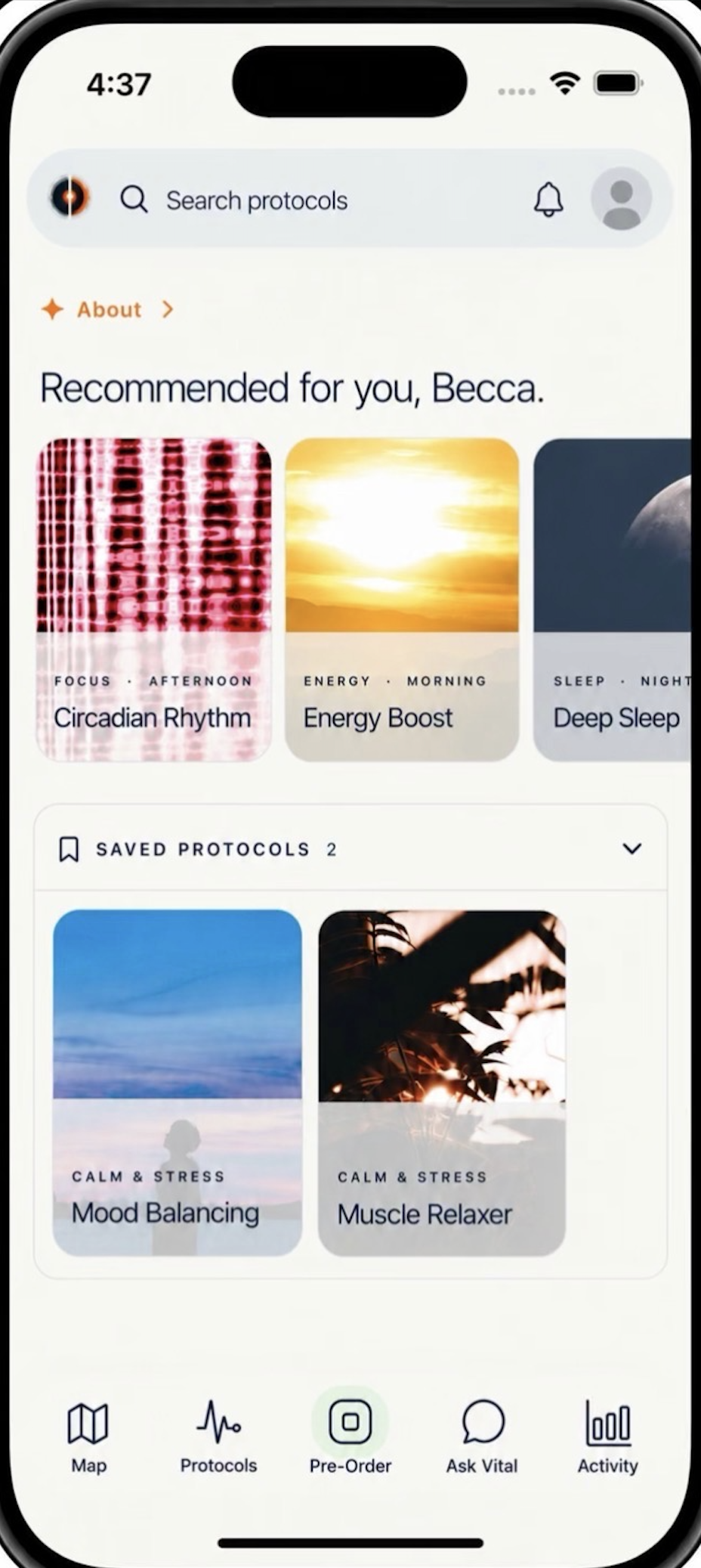 Vital Element mobile home screen with recommended wellness protocols